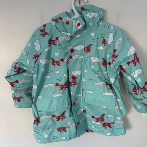 HAS Kids Airplane Print Hooded Raincoat - Teal/Red - Size 4T